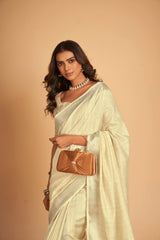 Dista Elora Cream Soft Linen Solid Foil Printed Designer Casual Saree, view 3