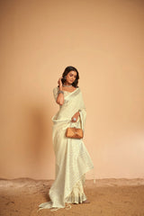 Dista Elora Cream Soft Linen Solid Foil Printed Designer Casual Saree, view 4