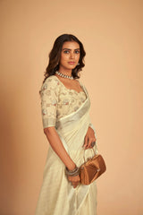 Dista Elora Cream Soft Linen Solid Foil Printed Designer Casual Saree, view 6