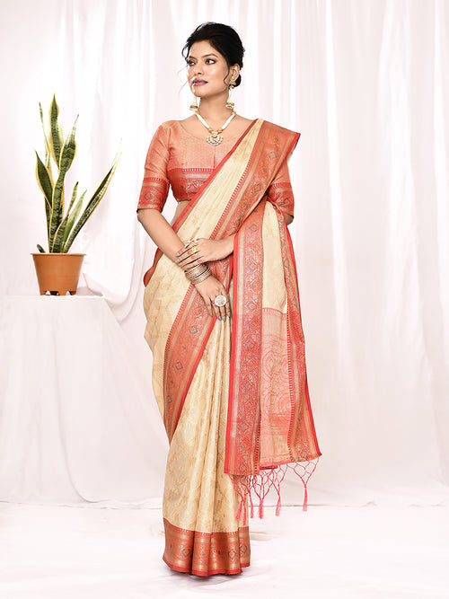 Dista Elora Cream Soft Silk Banarasi Woven Chex Weaving Saree