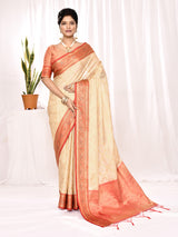 Dista Elora Cream Soft Silk Banarasi Woven Chex Weaving Saree, view 2