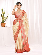 Dista Elora Cream Soft Silk Banarasi Woven Chex Weaving Saree, view 3