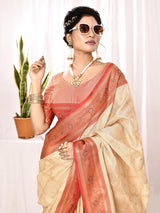 Dista Elora Cream Soft Silk Banarasi Woven Chex Weaving Saree, view 4
