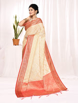 Dista Elora Cream Soft Silk Banarasi Woven Chex Weaving Saree, view 6