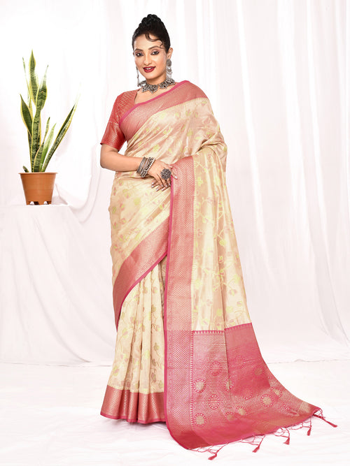 Dista Elora Cream Soft Silk Banarasi Woven Floral Weaving Saree