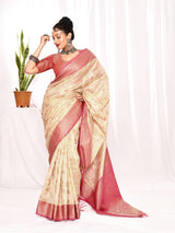 Dista Elora Cream Soft Silk Banarasi Woven Floral Weaving Saree, view 2