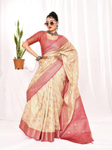 Dista Elora Cream Soft Silk Banarasi Woven Floral Weaving Saree, view 3