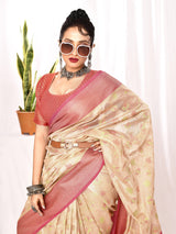 Dista Elora Cream Soft Silk Banarasi Woven Floral Weaving Saree, view 4