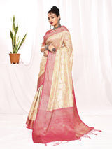 Dista Elora Cream Soft Silk Banarasi Woven Floral Weaving Saree, view 5