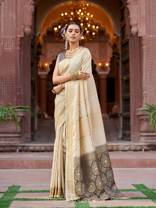 Dista Elora Cream Soft Silk Butti Banarasi Silk Zari Jacquard Work Designer Saree