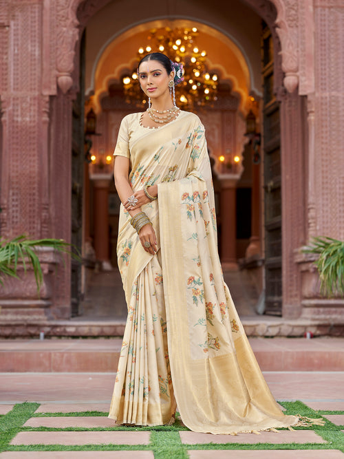 Dista Elora Cream Soft Silk Floral Butti Pashmina Zari Jacquard Work Designer Saree