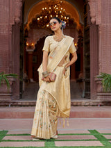 Dista Elora Cream Soft Silk Floral Butti Pashmina Zari Jacquard Work Designer Saree, view 2