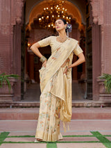 Dista Elora Cream Soft Silk Floral Butti Pashmina Zari Jacquard Work Designer Saree, view 3
