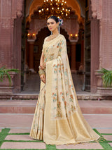 Dista Elora Cream Soft Silk Floral Butti Pashmina Zari Jacquard Work Designer Saree, view 4