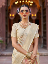 Dista Elora Cream Soft Silk Floral Butti Pashmina Zari Jacquard Work Designer Saree, view 6