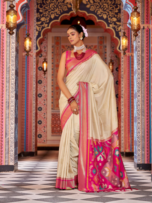Dista Elora Cream Soft Silk Ikat Banarasi Jacquard Butta Work Designer Saree