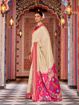 Dista Elora Cream Soft Silk Ikat Banarasi Jacquard Butta Work Designer Saree, view 2