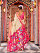Dista Elora Cream Soft Silk Ikat Banarasi Jacquard Butta Work Designer Saree, view 3