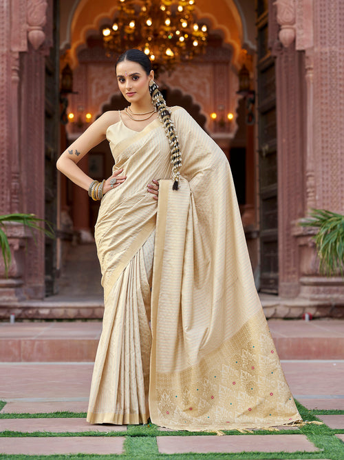 Dista Elora Cream Soft Silk Kanjivaram Zari Jacquard Work Designer Saree