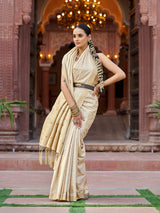 Dista Elora Cream Soft Silk Kanjivaram Zari Jacquard Work Designer Saree, view 2