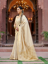 Dista Elora Cream Soft Silk Kanjivaram Zari Jacquard Work Designer Saree, view 3
