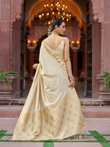 Dista Elora Cream Soft Silk Kanjivaram Zari Jacquard Work Designer Saree, view 4
