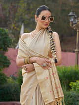 Dista Elora Cream Soft Silk Kanjivaram Zari Jacquard Work Designer Saree, view 5