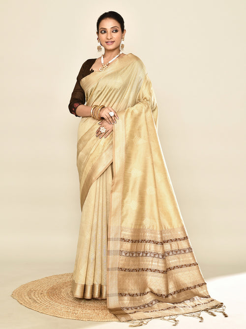 Dista Elora Cream Soft Silk leaf Printed Baluchari Weaving Saree