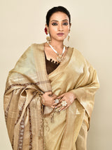 Dista Elora Cream Soft Silk leaf Printed Baluchari Weaving Saree, view 2