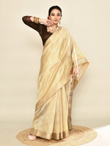 Dista Elora Cream Soft Silk leaf Printed Baluchari Weaving Saree, view 3
