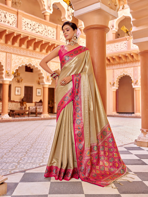 Dista Elora Cream Zari Tissue Solid Banarasi Silk Woven Jacquard Work Designer Saree