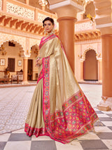 Dista Elora Cream Zari Tissue Solid Banarasi Silk Woven Jacquard Work Designer Saree, view 2