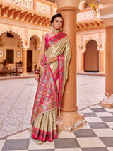 Dista Elora Cream Zari Tissue Solid Banarasi Silk Woven Jacquard Work Designer Saree, view 3