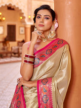 Dista Elora Cream Zari Tissue Solid Banarasi Silk Woven Jacquard Work Designer Saree, view 5