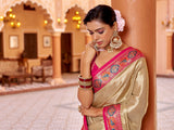 Dista Elora Cream Zari Tissue Solid Banarasi Silk Woven Jacquard Work Designer Saree, view 6