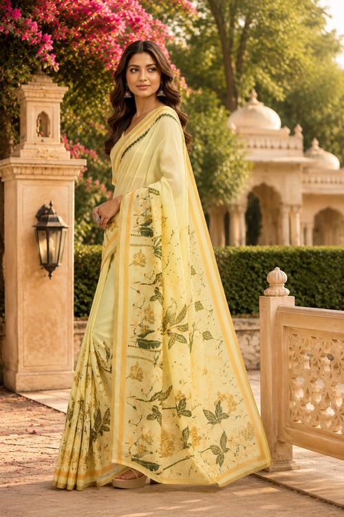 Dista Elora Creamy Yellow Chanderi Cotton Floral Printed Ready To Wear Saree