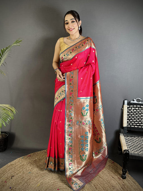 Dista Elora Crimson Lichi Silk Ikkat Floral Motifs Zari Woven Paithani Saree