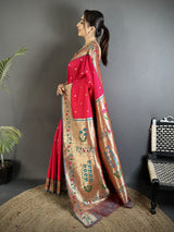 Dista Elora Crimson Lichi Silk Ikkat Floral Motifs Zari Woven Paithani Saree, view 2