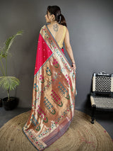 Dista Elora Crimson Lichi Silk Ikkat Floral Motifs Zari Woven Paithani Saree, view 3