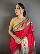 Dista Elora Crimson Lichi Silk Ikkat Floral Motifs Zari Woven Paithani Saree, view 4