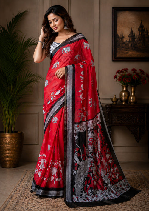 Dista Elora Crimson Red Chanderi Cotton Kalamkari Printed Ready To Wear Saree