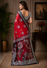 Dista Elora Crimson Red Chanderi Cotton Kalamkari Printed Ready To Wear Saree, view 3
