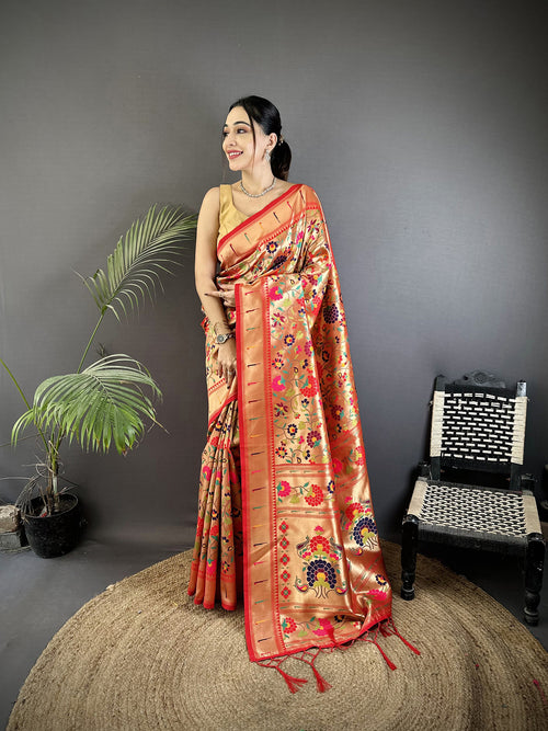 Dista Elora Crimson Red Soft Silk Intricate Floral & Leaf Pattern Paithani Saree