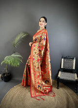 Dista Elora Crimson Red Soft Silk Intricate Floral & Leaf Pattern Paithani Saree, view 2