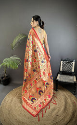 Dista Elora Crimson Red Soft Silk Intricate Floral & Leaf Pattern Paithani Saree, view 3