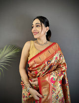 Dista Elora Crimson Red Soft Silk Intricate Floral & Leaf Pattern Paithani Saree, view 4