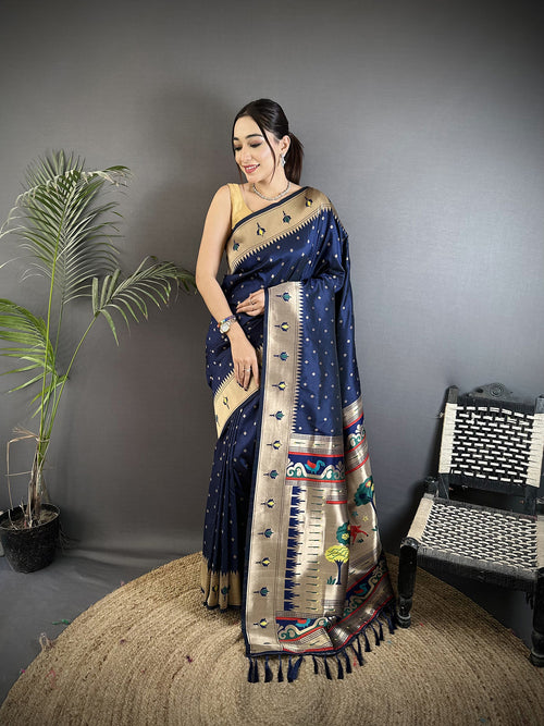 Dista Elora Dark Blue Soft Lichi Silk Peacock & Floral Motifs Jacquard Kanchipuram Saree