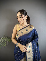 Dista Elora Dark Blue Soft Lichi Silk Peacock & Floral Motifs Jacquard Kanchipuram Saree, view 2