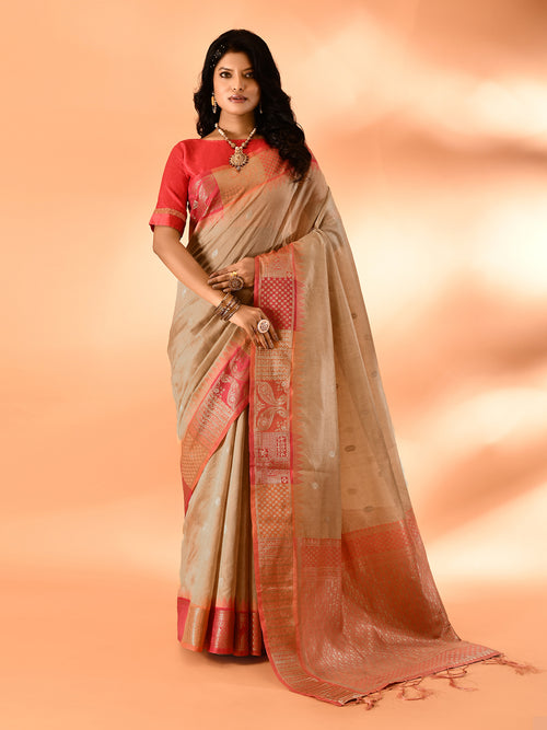 Dista Elora Dark Cream Pure Cotton Silk Banarasi Weaving Saree