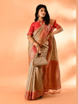 Dista Elora Dark Cream Pure Cotton Silk Banarasi Weaving Saree, view 5